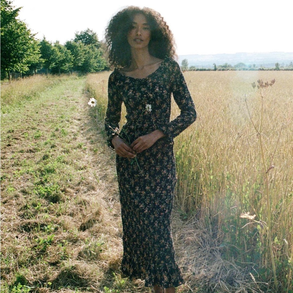 Doen Black Floral Midi Dress with Small Multicolor Blooms